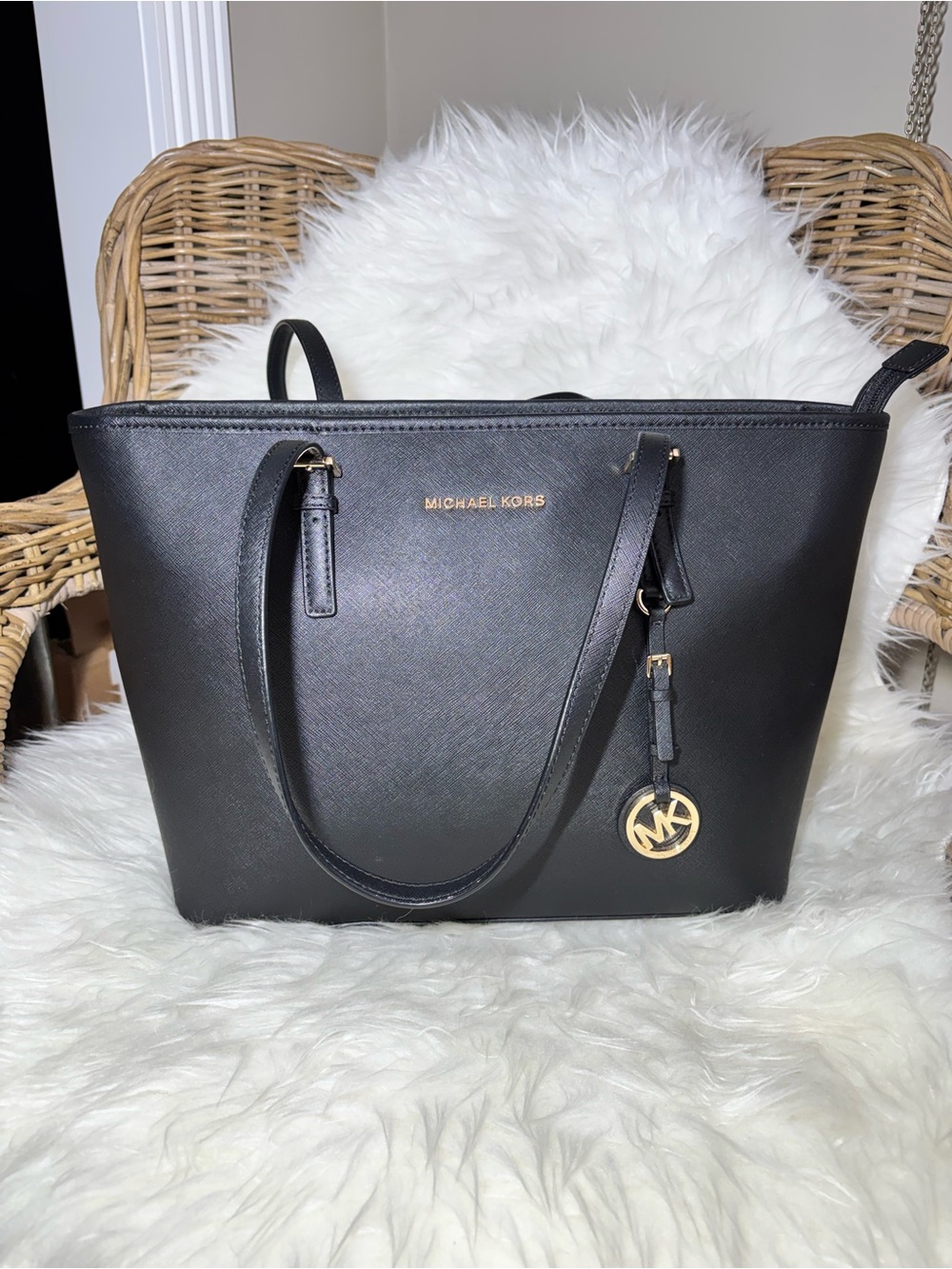 Michael Kors Black Jet Set Travel Black Saffiano Leather Top-Zip Tote Bag Work
